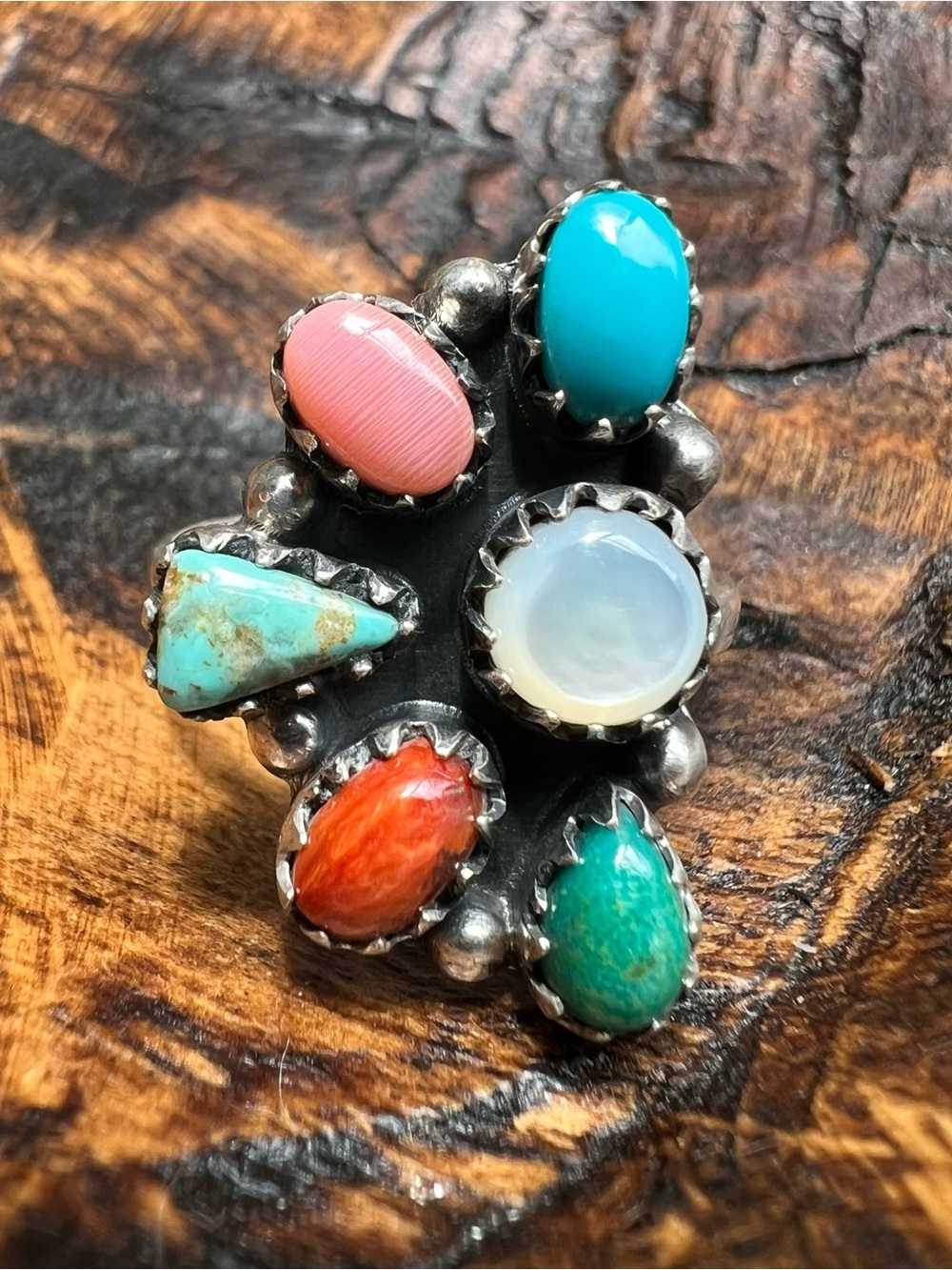 Sterling Silver Kingman Turquoise Spiny Oyster Conch Multi Stone Ring Sz 9